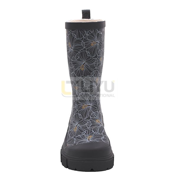 Women's Black Printed Gumboots Mid-calf Wellington Wellies Waterproof Rubber Rain Boots