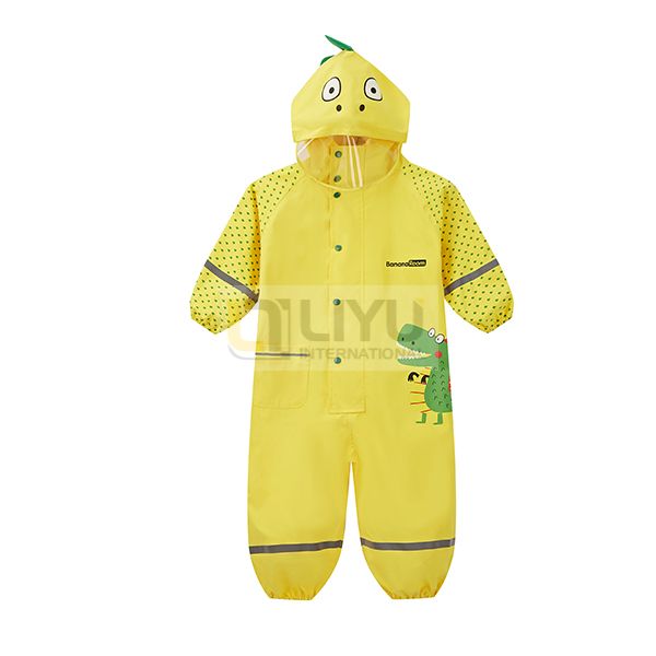 Kids Cartoon Overalls Rainsuit One-piece Rain Coat Hooded Rainwear 
