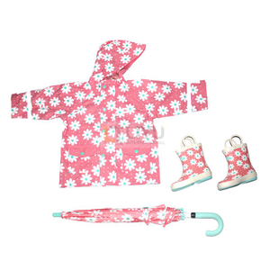 Kids Pink PU Raincoat Polyester Umbrella Rubber Rain Boots Combination Pink Flower Print Rain Gear Set