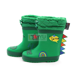 Green 3D Dinosaur Kids Plus Cotton Rubber Rain Boots Fashion Waterproof Wellington Boots