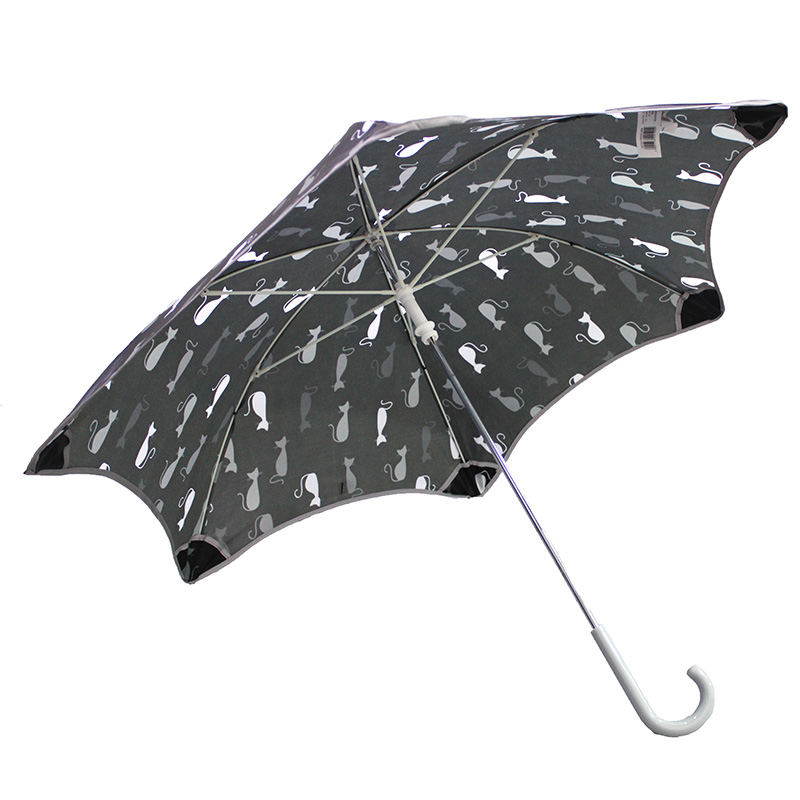 Cat Printed Manual Open 8 Ribs Kids Stick Umbrellas with Reflective Strip And Hidden Safety Beads