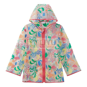 Children's Printed Raincoat with Hood Waterproof Raincoat TPU Girls Windproof Zip-up Raincoat